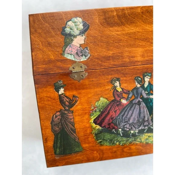 Vintage Wooden Hinged Lidded Box with Victorian Women Dancing Decoupage - Picture 3 of 12